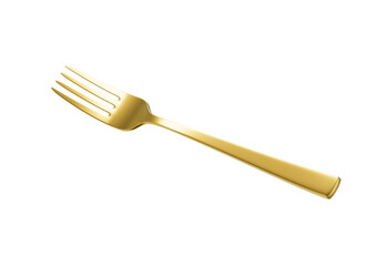 A sleek gold-plated fork with a reflective finish and a slightly curved handle. 3D Illustration