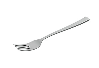 A sleek stainless steel fork with a reflective finish and a slightly curved handle. 3D Illustration