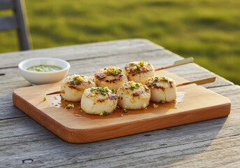 Grilled scallops on skewers with green sauce and herbs served on wooden board in outdoor setting, perfect for food enthusiasts and culinary photographers