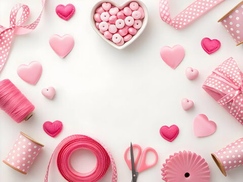 Pink valentines craft supplies flatlay with hearts and ribbon