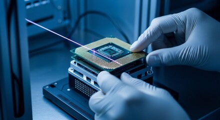 Hands in gloves carefully handling a computer chip in a laboratory setting, illuminated by a laser beam.