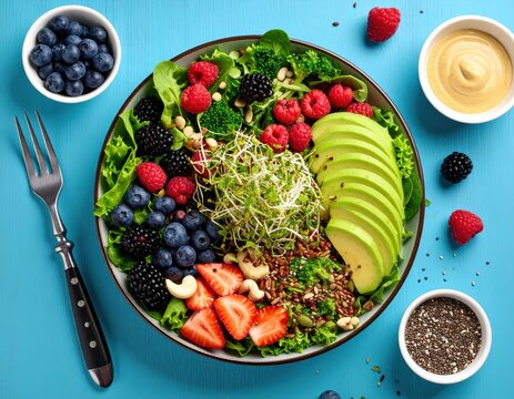 Vibrant Superfood Salad Bowl with Avocado Berries and Sprouts on Turquoise Background. - Powered by Adobe