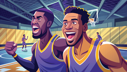 Two excited basketball players celebrating a victory on the court