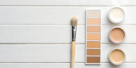 Neutral color swatches paintbrush cosmetic jars white wooden table