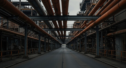 Straight road in fictional industrial area