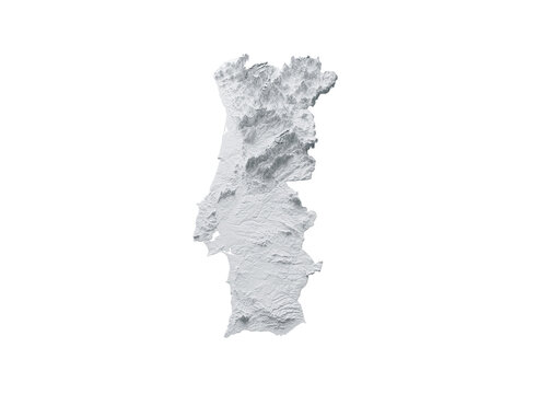Snowy Portugal Map White and Gray Shaded Relief Textured. 3D illustration