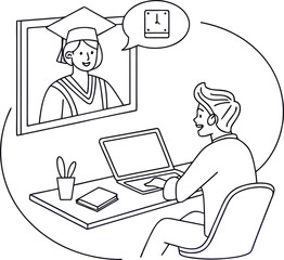 Funny cartoon illustration of a business woman working on her laptop at an office desk