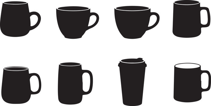 A collection of black silhouette icons featuring various coffee mugs and tea cups. Vector illustration set of drinkware shapes.