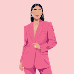 Beautiful young faceless woman in pink oversized suit with stylish jewelry on neck and ears. Modern successful businesswoman. Vector flat fashion illustration, female avatar for fashion projects.
