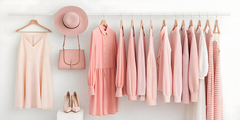 Overhead pastel pink clothing accessories shelf flatlay