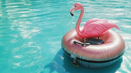 Pink flamingo inflatable belt with travel suitcase in turquoise blue water, 3D rendering