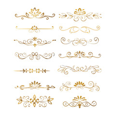 Obraz premium Collection of hand drawn golden text dividers. Calligraphic lines, vintage gold borders and wedding card breaks. Vector isolated flourish ink elements. 