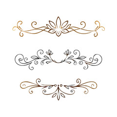 Collection of hand drawn golden text dividers. Calligraphic lines, vintage gold borders and wedding card breaks. Vector isolated flourish ink elements.
