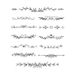 Collection of hand drawn golden text dividers. Calligraphic lines, vintage gold borders and wedding card breaks. Vector isolated flourish ink elements.
