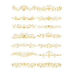 Collection of hand drawn golden text dividers. Calligraphic lines, vintage gold borders and wedding card breaks. Vector isolated flourish ink elements.
