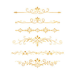 Collection of hand drawn golden text dividers. Calligraphic lines, vintage gold borders and wedding card breaks. Vector isolated flourish ink elements.
