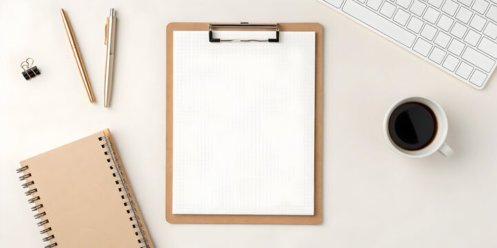 Minimal beige desk scene with to do board and neutral tools