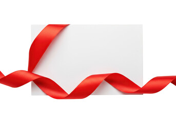 A vibrant red ribbon elegantly wraps around a blank white card, isolated on a transparent background