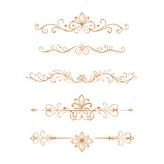 Collection of hand drawn golden text dividers. Calligraphic lines, vintage gold borders and wedding card breaks. Vector isolated flourish ink elements.
