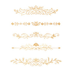 Collection of hand drawn golden text dividers. Calligraphic lines, vintage gold borders and wedding card breaks. Vector isolated flourish ink elements.
