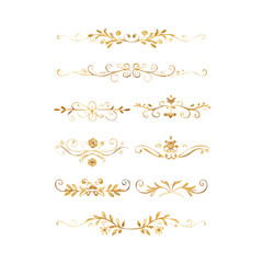 Collection of hand drawn golden text dividers. Calligraphic lines, vintage gold borders and wedding card breaks. Vector isolated flourish ink elements.

