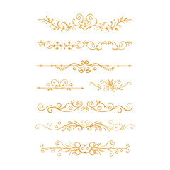 Collection of hand drawn golden text dividers. Calligraphic lines, vintage gold borders and wedding card breaks. Vector isolated flourish ink elements.
