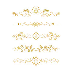 Collection of hand drawn golden text dividers. Calligraphic lines, vintage gold borders and wedding card breaks. Vector isolated flourish ink elements.
