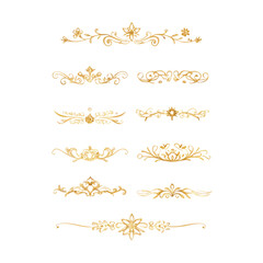 Obraz premium Collection of hand drawn golden text dividers. Calligraphic lines, vintage gold borders and wedding card breaks. Vector isolated flourish ink elements. 