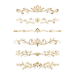 Collection of hand drawn golden text dividers. Calligraphic lines, vintage gold borders and wedding card breaks. Vector isolated flourish ink elements.
