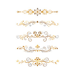Collection of hand drawn golden text dividers. Calligraphic lines, vintage gold borders and wedding card breaks. Vector isolated flourish ink elements.

