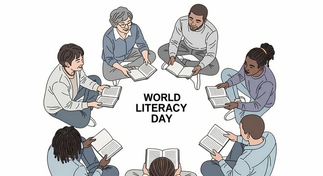 World Literacy Day concept with a diverse group of people reading books in a circle.