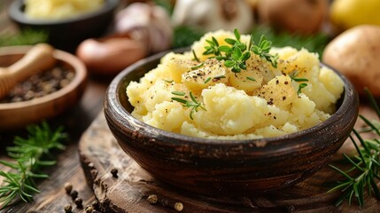 Creamy mashed potatoes topped with herbs in a wooden bowl on a rustic table with garlic and rosemary
