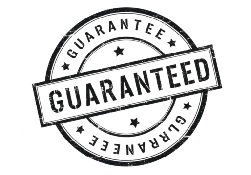 A black and white circular stamp with the word guaranteed in bold letters, signifying assurance and quality isolated on transparent background - Powered by Adobe