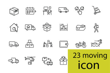 Collection of moving and delivery service icons in outline style