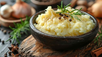 Creamy mashed potatoes in a dark bowl, garnished with rosemary and pepper, atop a wood board