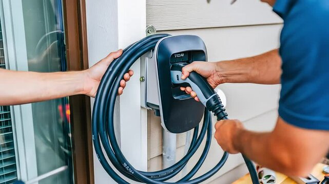 Two men install a home electric vehicle charging station on the exterior wall of a house