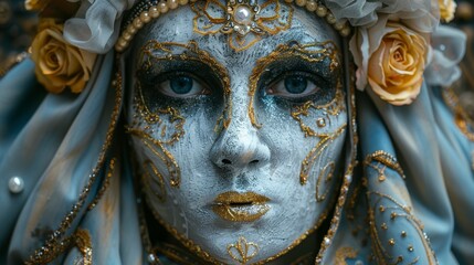 Masked figure with ornate face paint, floral headdress, piercing eyes, and draped fabric detail
