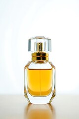 Elegant glass perfume bottle with golden accents and amber liquid clear
