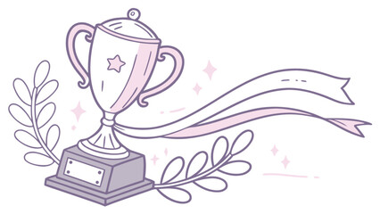 Illustration of a trophy with a star, ribbon, and laurel branches in a light purple color scheme