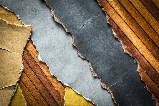 Layers of torn paper reveal textures, colors, and depth &mdash; a visual metaphor for contrast, complexity, and creativity."