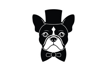Silhouette art illustration of a French Bulldog head with a top hat and bow tie.eps
