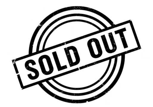 A grunge black and white circular stamp with the words sold out printed diagonally isolated on transparent background
