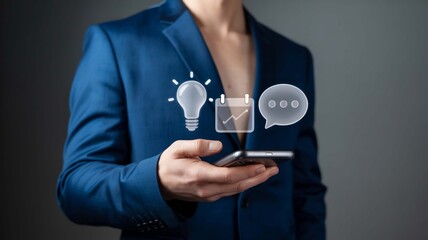 Businessman Holding Smartphone with Business Concept Icons Idea Calendar Chat Innovation on Transparent Background