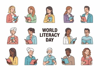 A diverse group of people of all ages reading books for Literacy Day celebration.