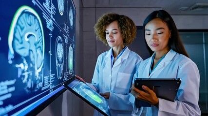 Two female scientists collaborate in a high-tech lab, analyzing brain scans on a large digital display and tablets