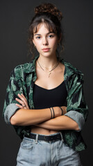 Young woman with a bold look, standing confidently in a photo studio. 