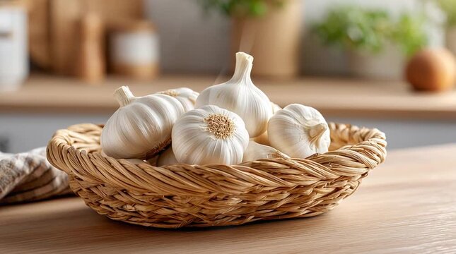 Close-up of fresh garlic bulbs in a wicker basket