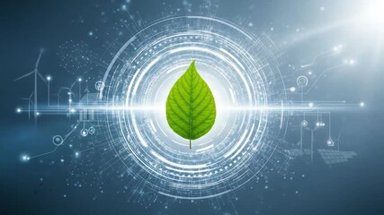 A green leaf surrounded by digital technology represents ecology, renewable energy, and environmental sustainability - Powered by Adobe