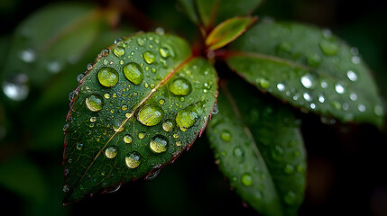macro close-up of a green leaf with water droplets and soft natural sunlight.
