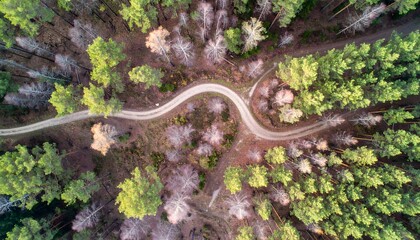 Winding forest path aerial view